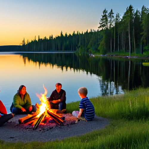 **Image Prompt 1: Juhannus Midnight Sun Bonfire**
    A serene scene of families and friends gathered around a majestic bonfire ('kokko') on the shore of a tranquil Finnish lake. The sky is illuminated by the golden glow of the 'Midnight Sun', reflecting softly on the calm water. Participants are fully clothed in modest, comfortable summer attire, with joyful and relaxed expressions, enjoying the communal celebration. Green pine trees line the distant shore. The atmosphere is peaceful and festive. Professional photography, high quality, sharp focus, vibrant natural colors, perfect anatomy, correct proportions, natural pose, well-formed hands, proper finger count, natural body proportions, safe for work, appropriate content, family-friendly, professional dress.