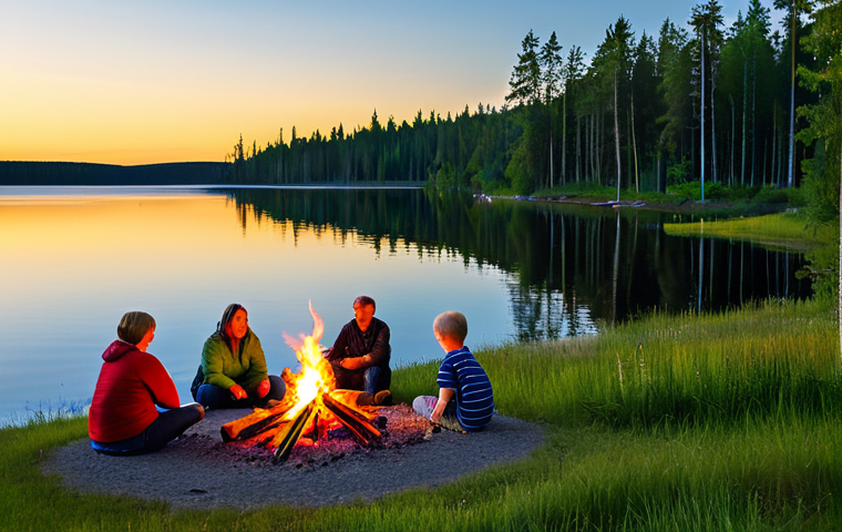 **Image Prompt 1: Juhannus Midnight Sun Bonfire**
A serene scene of families and friends gathered around a majestic bonfire ('kokko') on the shore of a tranquil Finnish lake. The sky is illuminated by the golden glow of the 'Midnight Sun', reflecting softly on the calm water. Participants are fully clothed in modest, comfortable summer attire, with joyful and relaxed expressions, enjoying the communal celebration. Green pine trees line the distant shore. The atmosphere is peaceful and festive. Professional photography, high quality, sharp focus, vibrant natural colors, perfect anatomy, correct proportions, natural pose, well-formed hands, proper finger count, natural body proportions, safe for work, appropriate content, family-friendly, professional dress.